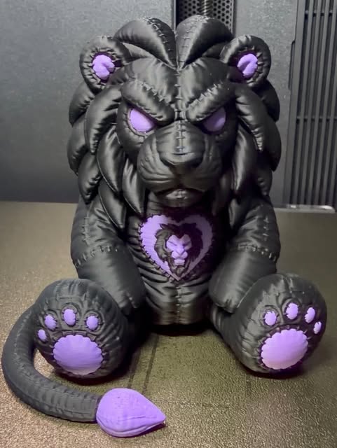 Black lion figure with purple accents, printed by Gaeta 3D Works